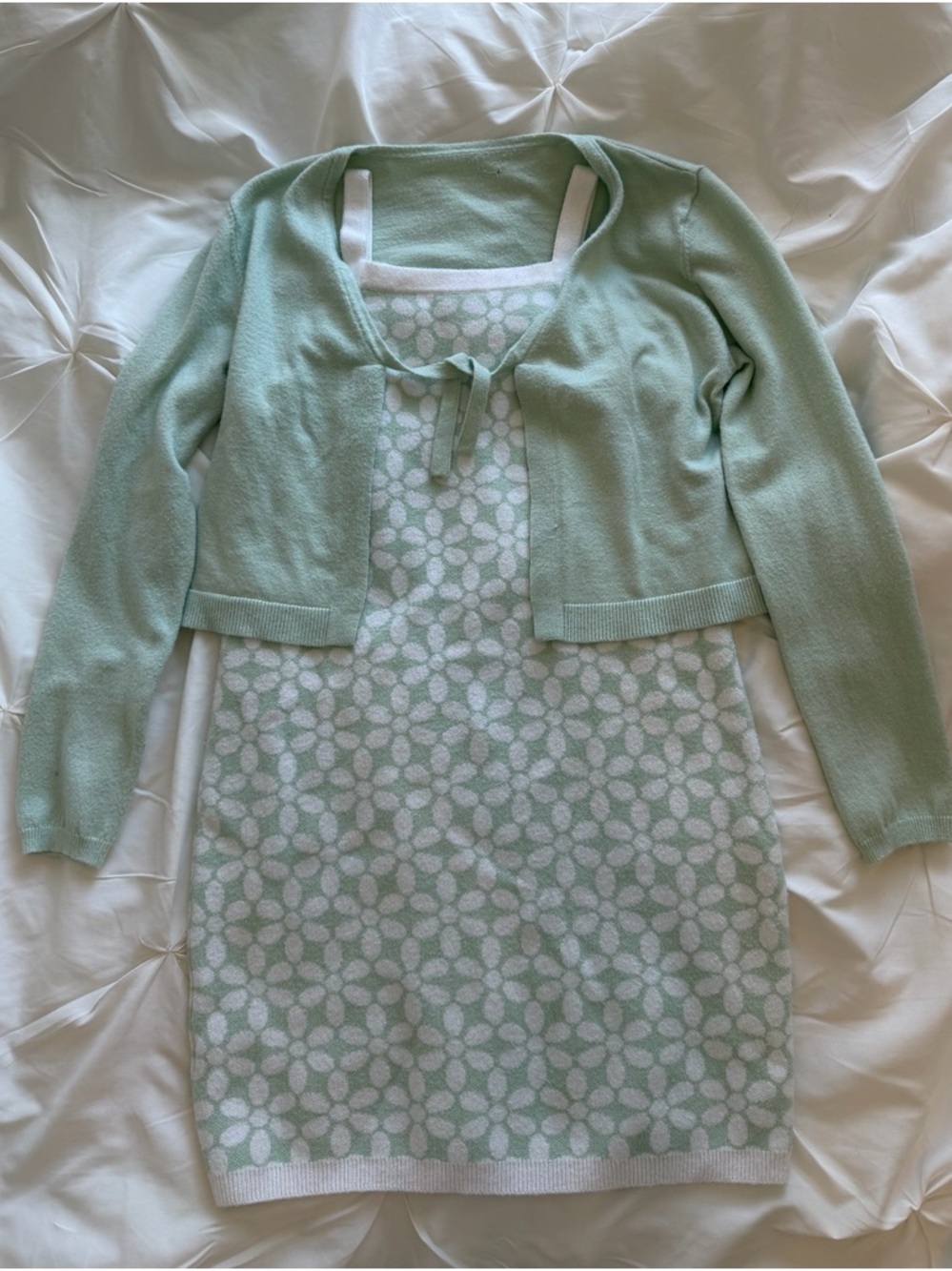Mint Green Floral Knit Dress with Matching Cardigan